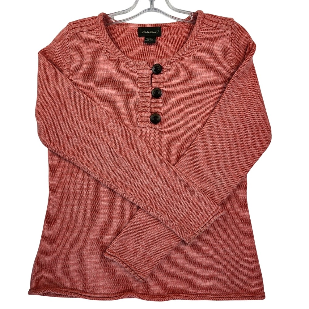 Eddie Bauer Small Pink Henley Sweater Cotton Knit Coastal Cottagecore Preppy